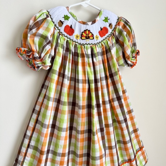 Fall Thanksgiving Pumpkin Turkey Checkered 3T Smocked Dress - Picture 6 of 10